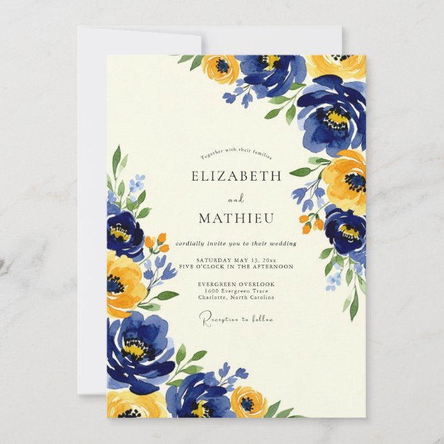 Navy Yellow Artistic Spring Wedding Inbjudningar (Framsida)