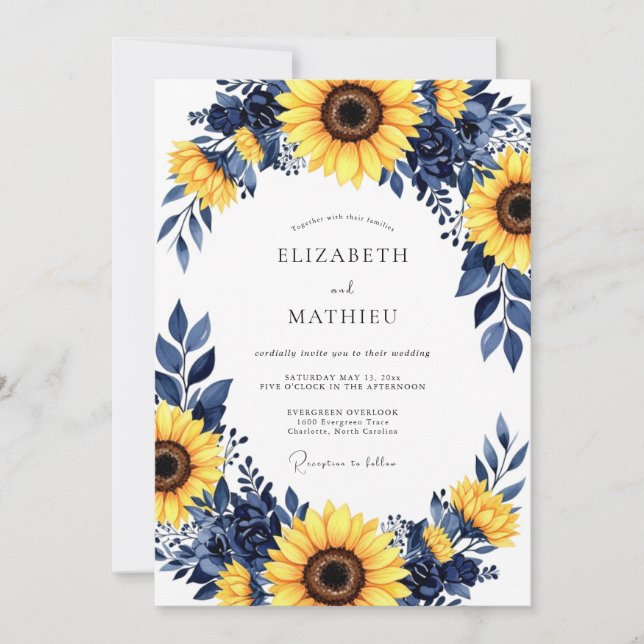 Navy Yellow Bold Sunflower Wedding Inbjudningar (Framsida)