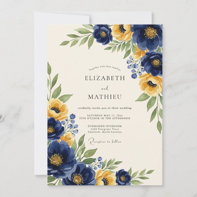 Navy Yellow Classic Botanical Wedding Inbjudningar (Framsida)