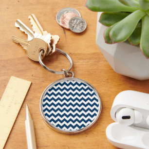 Navy Zigzag, Navy Chevron, Geometric Mönster Rund Silverfärgad Nyckelring