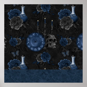 Navy Zodiac Magic   Mörk blått Gothic Skull Ro Poster