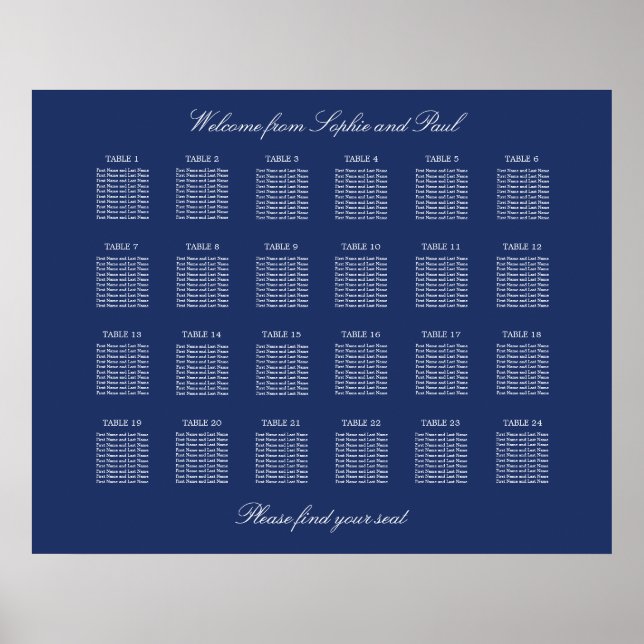 Navyblå 24 bords bröllopsställningsdiagramaffisch poster (Framsidan)