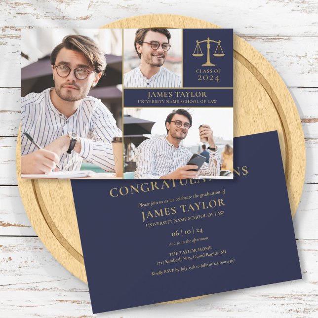 Navyblå 3 Foto Juristexamen Fest Inbjudningar (Navy Blue 3 Photo Law School Graduation Party Invitation)