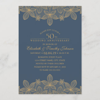 Navyblå 50-års bröllopsdag Golden Lace Inbjudningar
