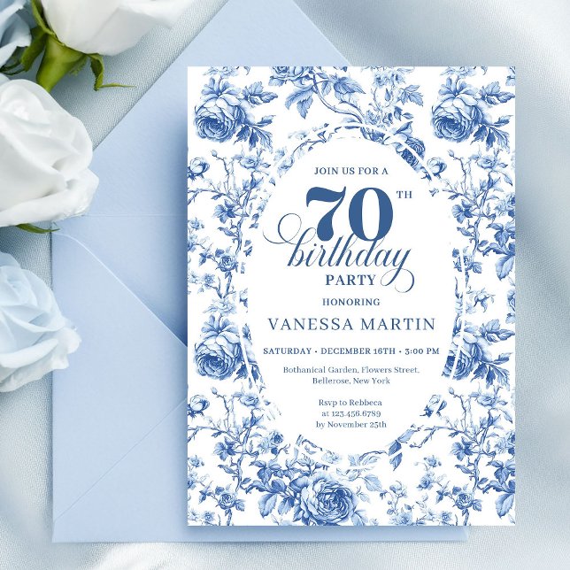 Navyblå 70-årsfirande klassisk blomsterinbjudan inbjudningar (Navy Blue 70th Birthday Classic Floral Invitation)