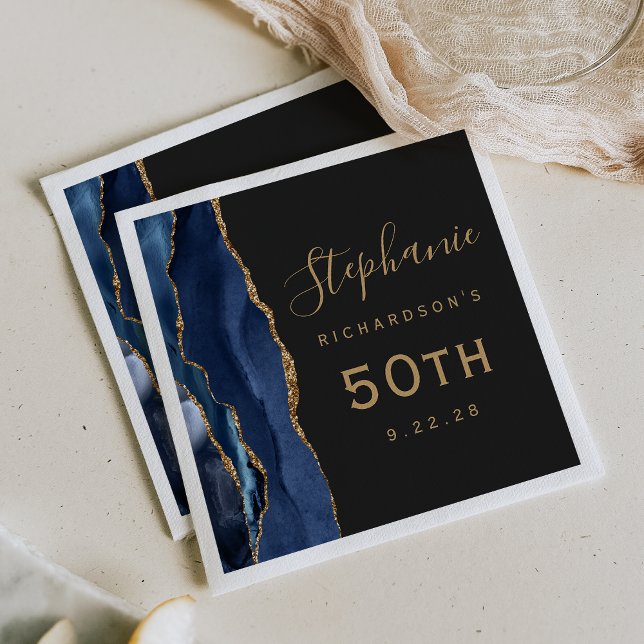 Navyblå Agate Guld Skrift Mörk 50-årsdag Pappersservett (Skapare uppladdad)