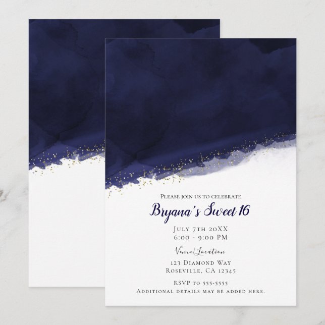 Navyblå akvarell & guld Modern chic Sweet 16 Inbjudningar (Fram/baksida)