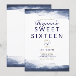 Navyblå akvarell Modern Chic Sweet 16-fest Inbjudningar