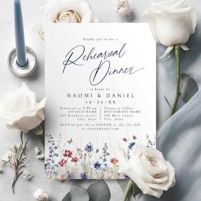 Navyblå akvarell vildblomma förövning middag inbjudningar (Navy Blue Watercolor Wildflower Rehearsal Dinner Invitation)