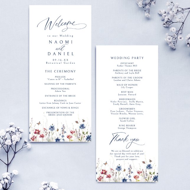 Navyblå akvarell vildblomma rustik bröllop meny (Navy Blue Watercolor Wildflower Rustic Wedding Menu)