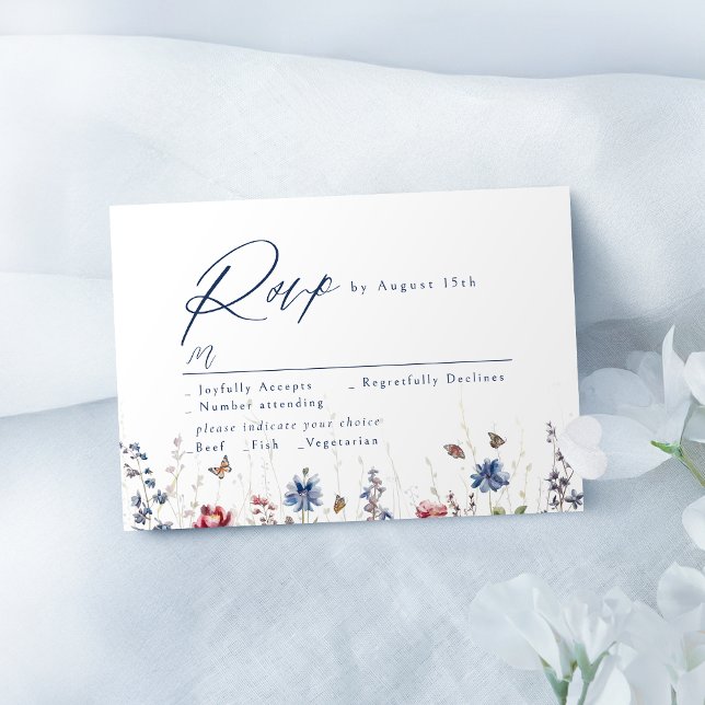 Navyblå akvarell vildblomma rustik bröllop OSA kort (Navy Blue Watercolor Wildflower Rustic Wedding RSVP Card)