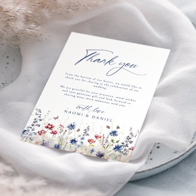 Navyblå akvarell vildblommefältsbröllop tack kort (Navy Blue Watercolor Wildflower Field Wedding Thank You Card)