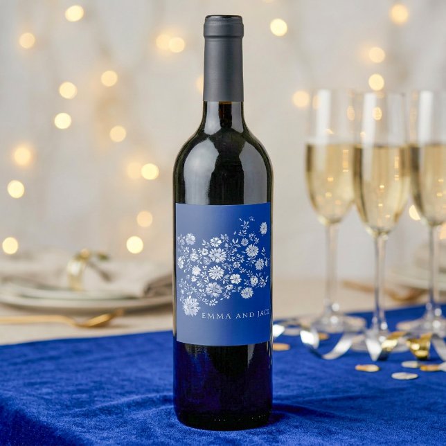 Navyblå akvarellblomma vinflaska etikett (Navy Blue Watercolor Floral Wine Label)