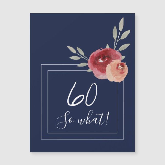 Navyblå akvarellblommig 60-årsdag magnet (Framsida)