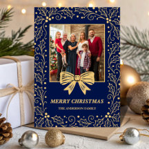 Navyblå antika guldslinga familje julfoto
