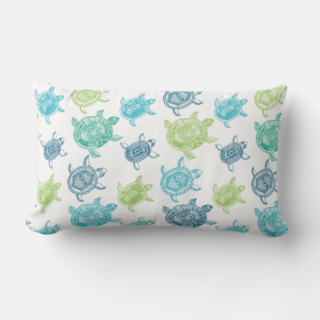 Navyblå+Aqua+Limegrön+Grönsköldpaddor Lumbarkudde (Framsida)
