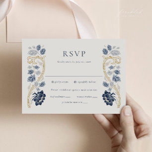 Navyblå Art Nouveau-blommig RSVP-kort med måltider OSA Kort