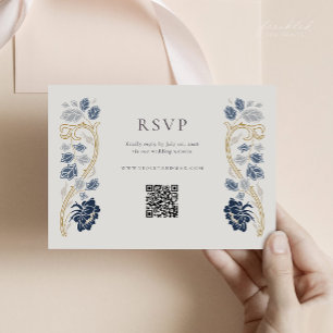 Navyblå Art Nouveau-blomster-RSVP-kort med QR OSA Kort