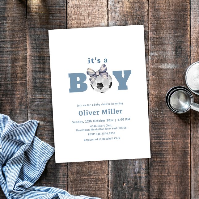 Navyblå båg fotbollssport Baby Shower Inbjudningar (Navy Blue Bow Soccer Sport Baby Shower Invitation)