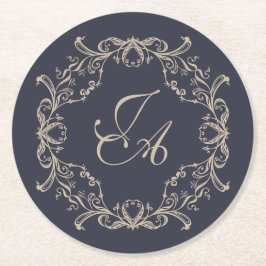 Navyblå barockmonogram bröllopscoaster underlägg papper rund