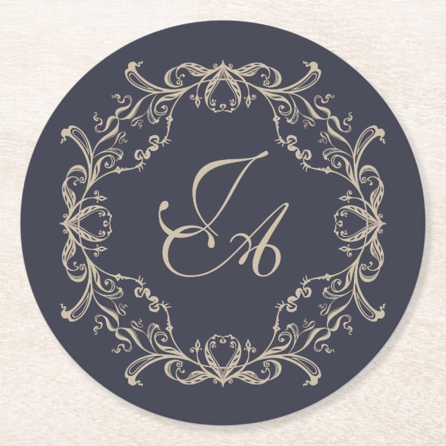 Navyblå barockmonogram bröllopscoaster underlägg papper rund (Framsidan)