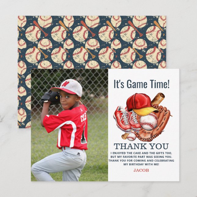 Navyblå baseboll barnkalas vattenfärg vykort (Fram/baksida)