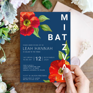Navyblå Bat Mitzvah Röd Blommig Modern Akvarell Inbjudningar