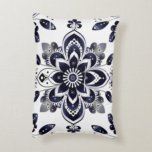 Navyblå blommande mandala-platt kakel ländkudde prydnadskudde (Baksidan(Vertikal))