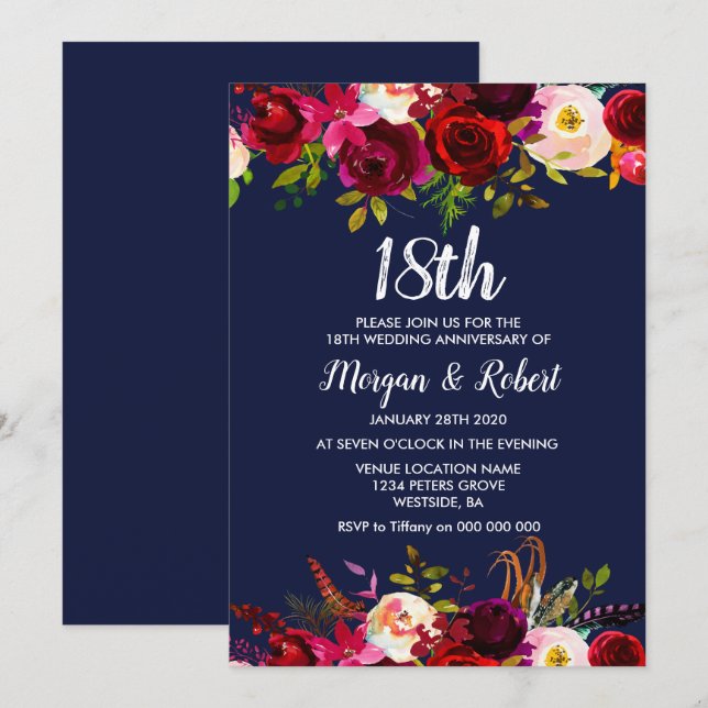 Navyblå Blommig 18-års Bröllopsjubileum Inbjudan (Fram/baksida)