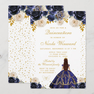 Navyblå Blommig Prinsessa Quinceañera Inbjudningar