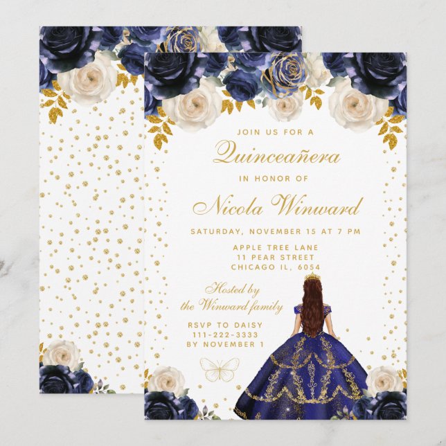 Navyblå Blommig Prinsessa Quinceañera Inbjudningar (Fram/baksida)
