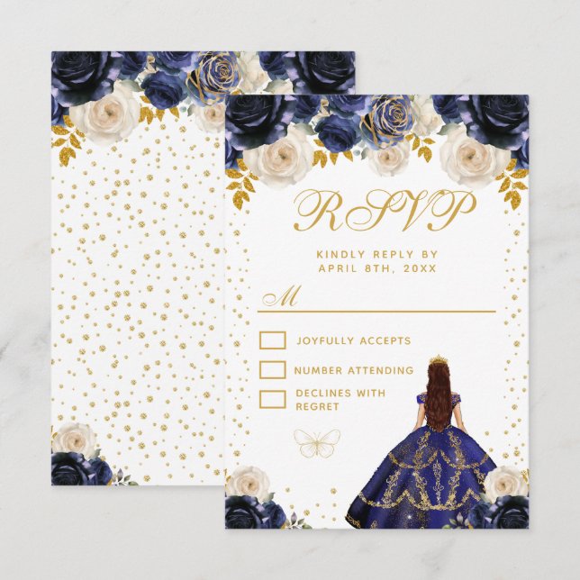Navyblå Blommig Prinsessa Quinceañera OSA Kort (Fram/baksida)