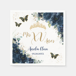 Navyblå Blommig Quinceanera Guld Fjärilar Pappersservett