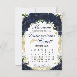 Navyblå Blommig Quinceanera Hovpresentation Kort