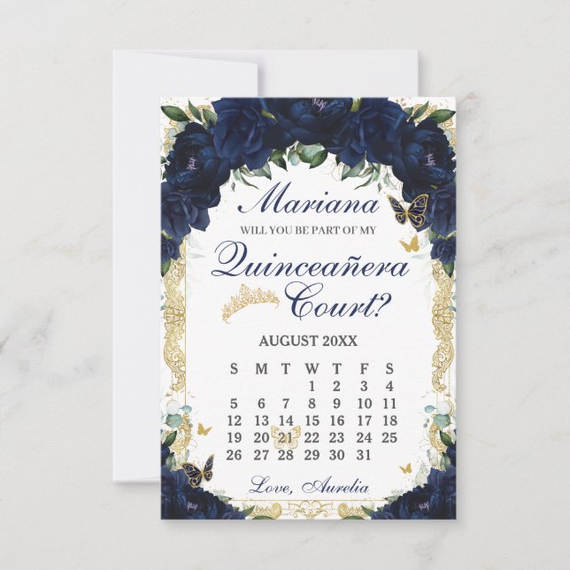 Navyblå Blommig Quinceanera Hovpresentation Kort (Framsida)