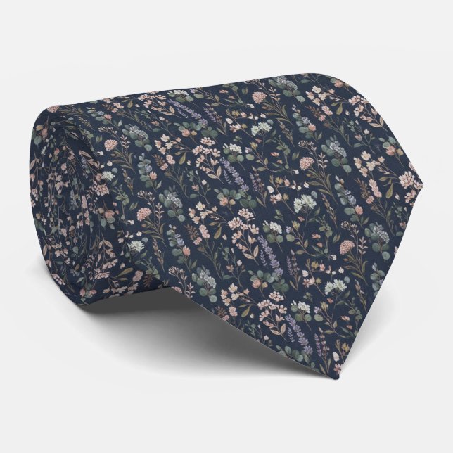 Navyblå blommig  slips (Rullad)