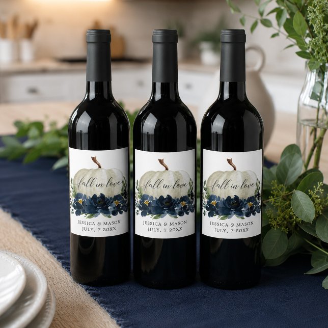 Navyblå Blommig Vit Pumpa Vin Etiketter (Skapare uppladdad)