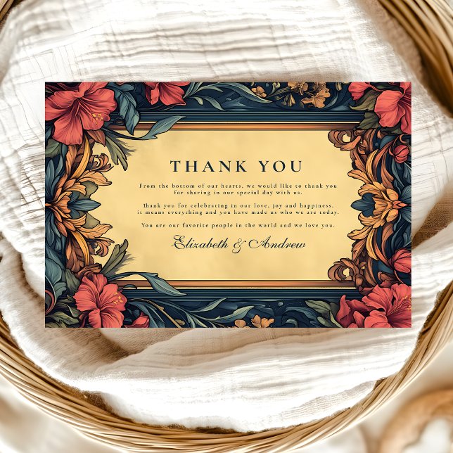 Navyblå Blommig Wedding Art Nouveau Tack Kort (Skapare uppladdad)