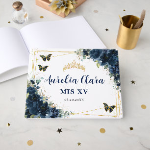 Navyblå Blommiga Fjärilar Guld Quinceanera 15 Gästböcker