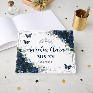 Navyblå Blommiga Fjärilar Silver Quinceanera 15 Gästböcker