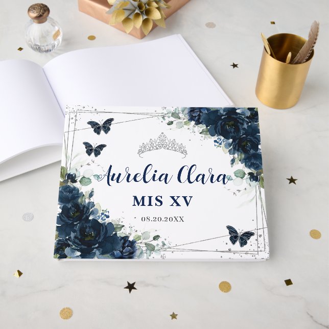 Navyblå Blommiga Fjärilar Silver Quinceanera 15 Gästböcker (Framsida Öppen)