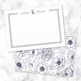 Navyblå blommonogram anteckningskort