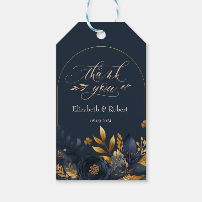Navyblå Blommor Guldblad Tack Kort (Framsidan)