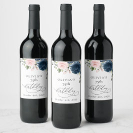 Navyblå blommor, rosa blommor, Boho, Födelsedag Vinflaska Etikett
