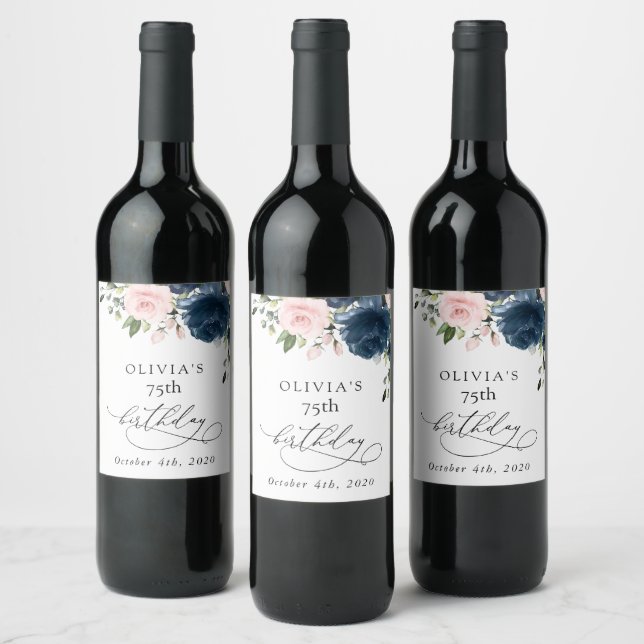 Navyblå blommor, rosa blommor, Boho, Födelsedag Vinflaska Etikett (Flaskor)