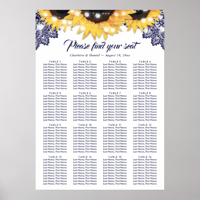 Navyblå blomsterbrudstolsschema för solrosbröllop  poster (Framsidan)