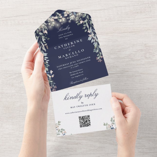 Navyblå blomsterrängjul med QR-kod för bröllop (Avrivbar del)