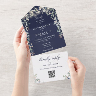Navyblå blomsterrängjul med QR-kod för bröllop