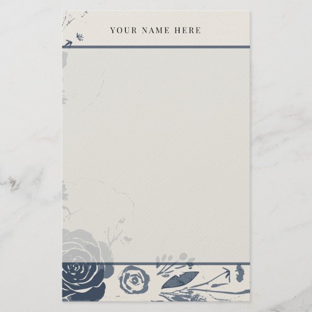 Navyblå blomstervattenfärg med namn brevpapper (Framsida)