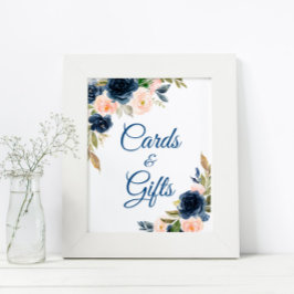 Navyblå & Blush Blommig Bröllopsdusch Kort och Gåv Poster